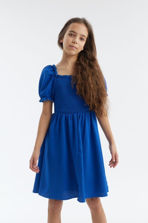 Amaya børnekjole, kornblomstblå kjole, elegant pige kjole, selskabskjole til børn, festkjole til piger, børnemodes, komfortabel børnekjole, puffede ærmer kjole, danske børnetøj