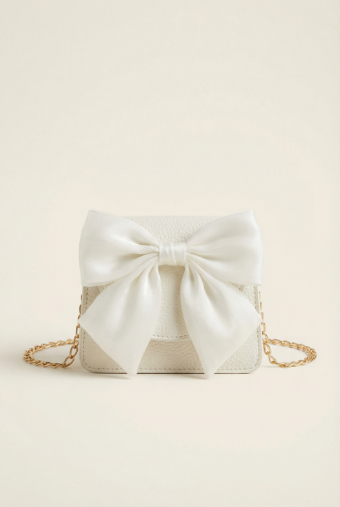 pige taske, hvid taske til piger, elegant børnetaske, taske med sløjfe, festtaske til børn, gave til pige, gylden kæde taske, børnetilbehør, taske til festlige anledninger