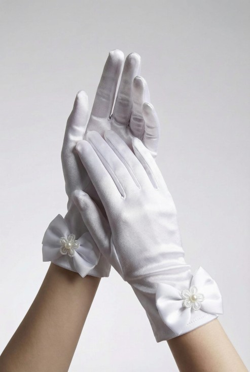 kommunionhandsker, perleapplikation, satin handske, Første Kommunion tilbehør, pige ceremoni outfit, elegante handsker, komfortable handsker, børnehandssker, hvide handsker, kommunion kjole tilbehør