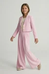 Elegant pige-festsæt Emi pink – jakkesæt med blazer og bukser nærbillede, materiale og forarbejdning, festtøj til piger, ZOYA Fashion