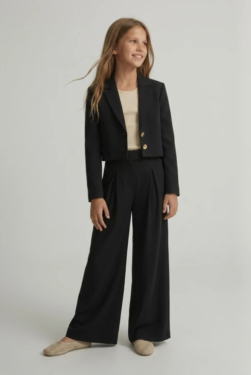 Sort festsæt pige Emi – jakkesæt med blazer og bukser, sort festsæt pige, dimissionssæt sort, blazer og bukser pige sort, skolebal sæt pige, Nonfirmationstøj sort, gallatøj pige, festtøj unge piger sort, ZOYA Fashion