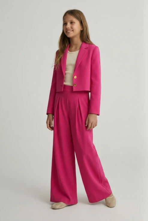 Fuchsia festsæt pige Emi – jakkesæt med blazer og bukser, festsæt pige fuchsia, konfirmationssæt pink, blazer og bukser pige fuchsia, Nonfirmationstøj pige, dimissionstøj pige, skolebal sæt pige, festtøj unge piger fuchsia, ZOYA Fashion