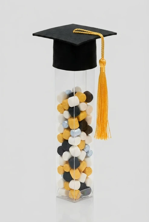 Gennemsigtige diplomtuber med studenterhue til dimission