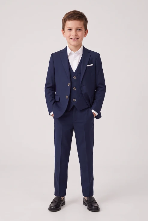 Marineblåt jakkesæt til drenge Liam – blazer, vest og bukser på model, hele figuren forfra