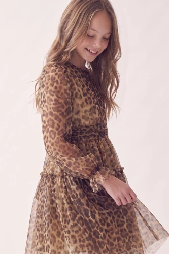 Brun gallakjole til piger Holly med leopardprint – tylærmer og tylskørt