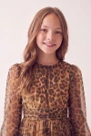 Gallakjole Holly med leopardprint – rund hals og rynket bånd i taljen, set forfra